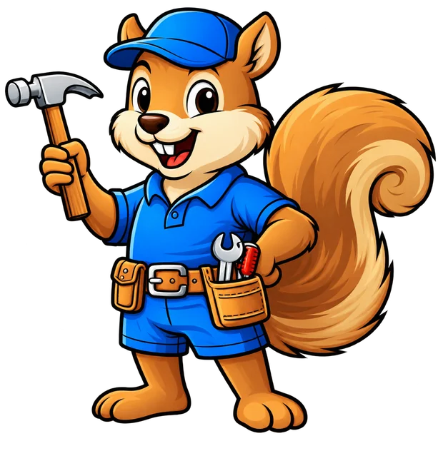 Our friendly squirrel mascot in blue work clothes holding a hammer